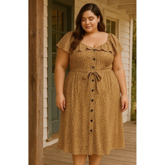 Anthropologie Dresses & Skirts - Anthropologie Bolano‎ Leopard Midi Dress Flutter Sleeve Button Front Size 22